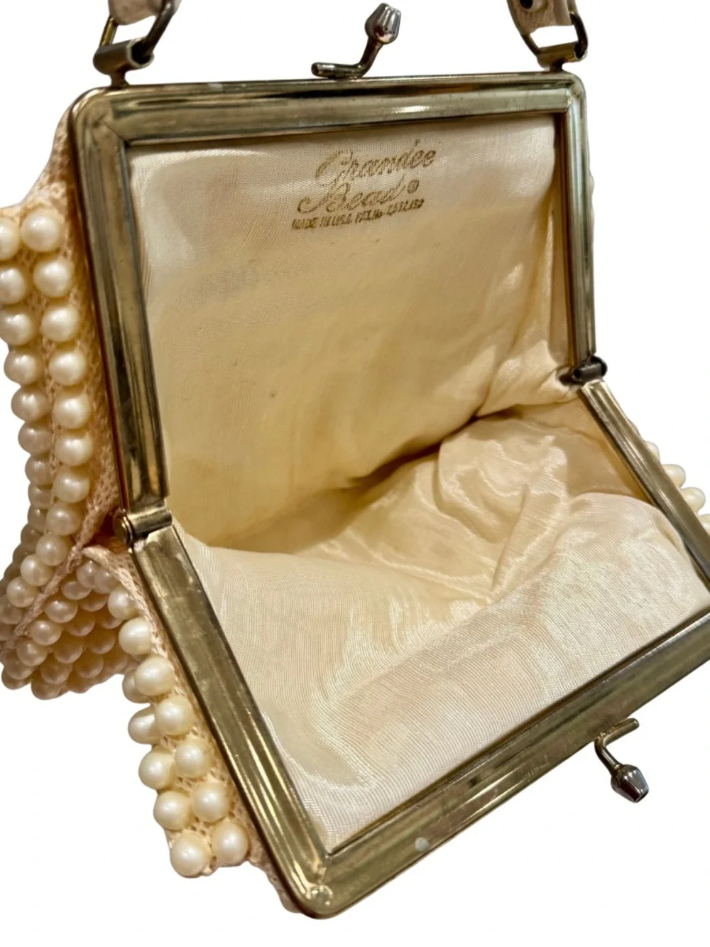 Vintage Pearl-Embellished Cream Frame Clutch Purse Handbag - Retro!